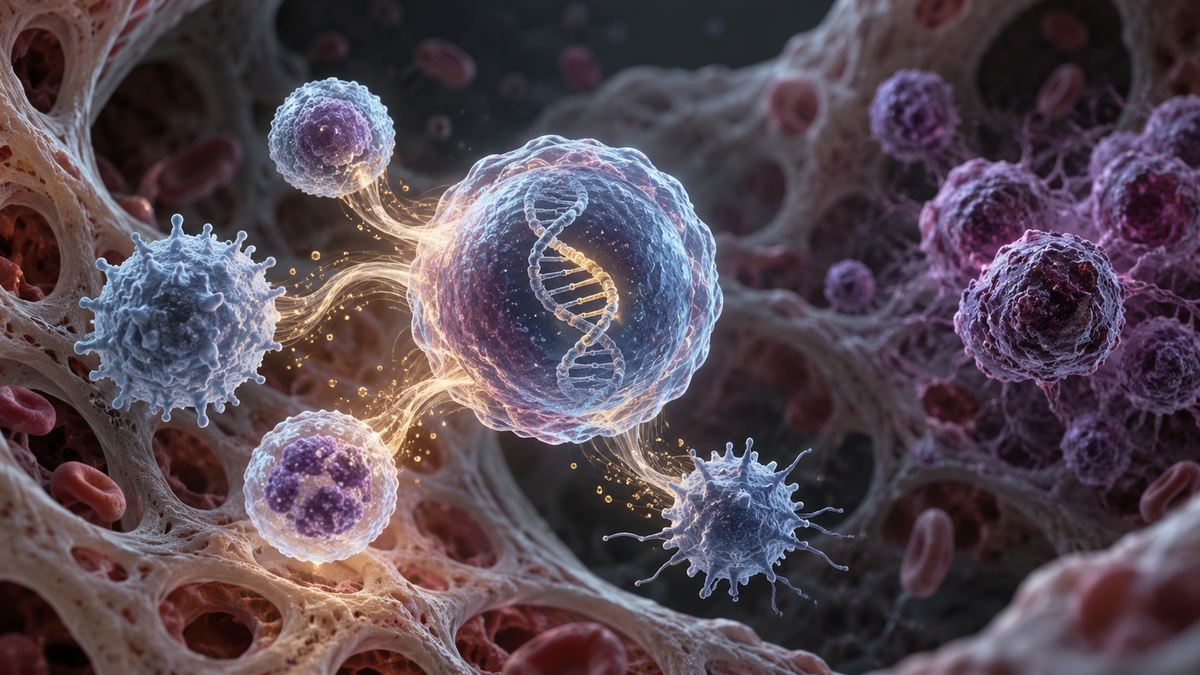 Original medical illustration for: Gene-Edited Stem Cells for Blood Cancer: What New Research on Leukemia and Lymphoma Treatments Means for Patients