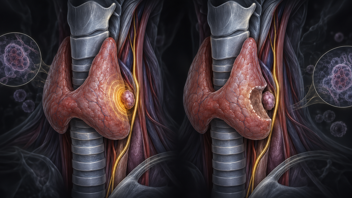 Original medical illustration for: Radiofrequency Ablation vs. Surgery for Thyroid Cancer in the "Danger Triangle": A Patient's Guide