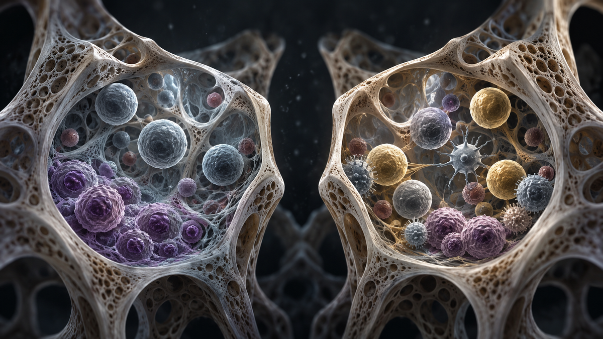 Original medical illustration for: Stem Cell Transplants for Multiple Myeloma: What a 10-Year European Study Reveals About Combining Your Own Cells With a Donor's Cells vs. Using Your Own Cells Alone