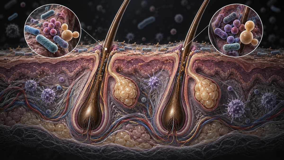 Original medical illustration for: The Hidden World of Your Scalp: How Microbes on Hair Follicles Affect Hair Health and Disease